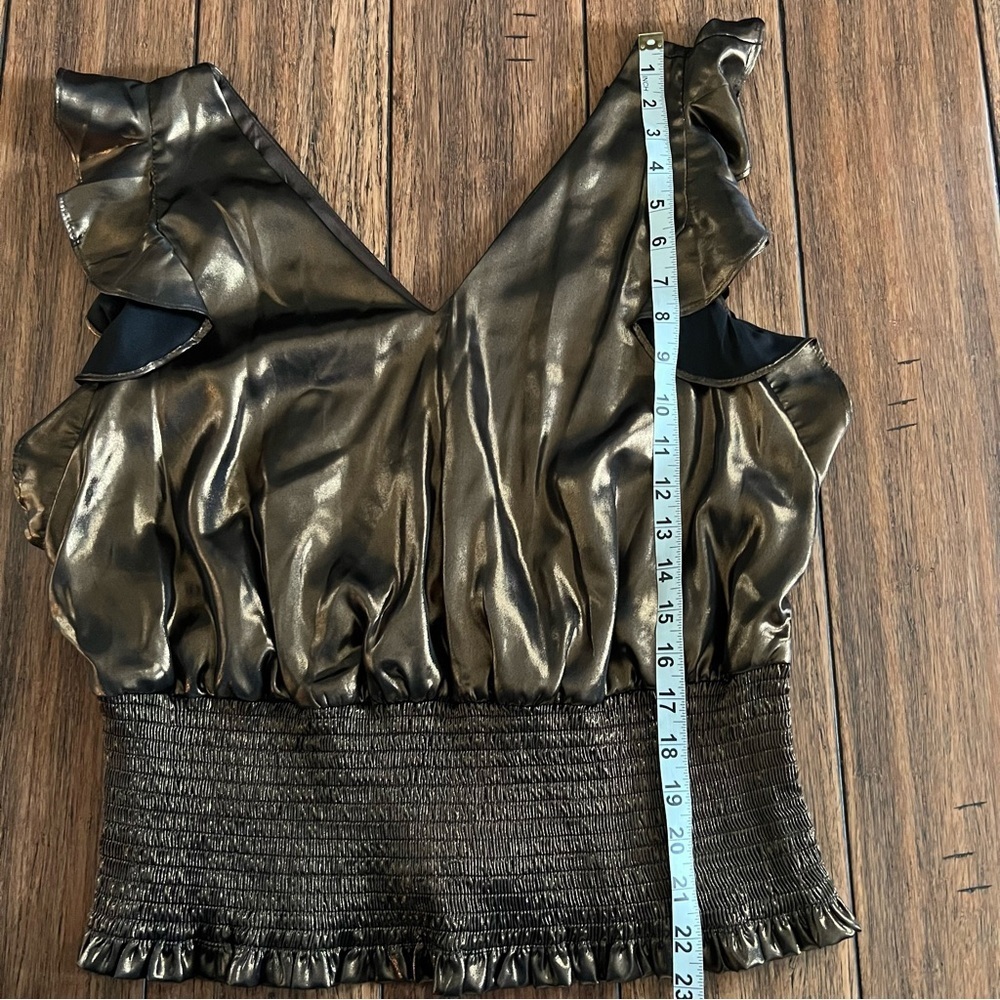 Nine West Metallic Brown Smocked Hem Ruffle Top Sleeveless Large Party Glam Chic - Picture 7 of 9